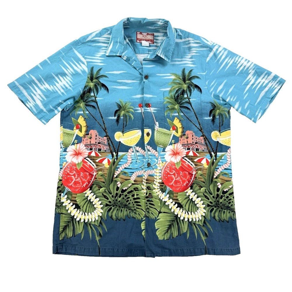 VTG Mens RJC Hawaiian Shirt Cocktails Tropical Blue Short Sleeve Hawaii Sz L